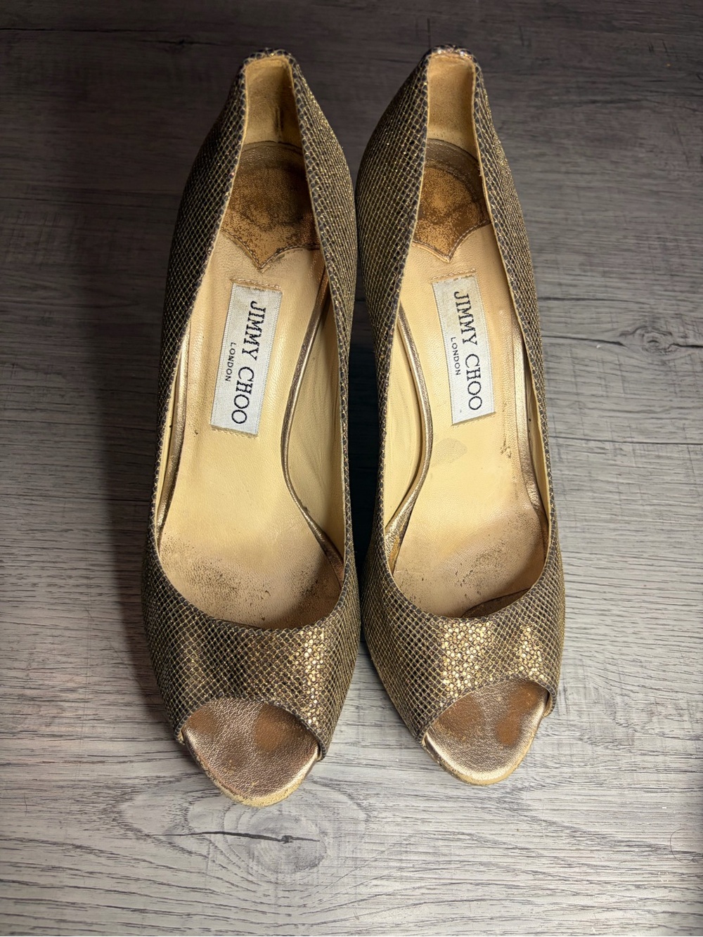 Jimmy Choo Metallic Gold Peep-Toe Heels
